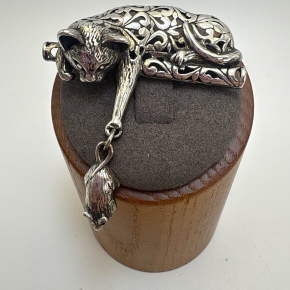 VTG Sterling Silver 925 Cat & Mouse Scroll Design Brooch Size 1.5" Length - Picture 3 of 16